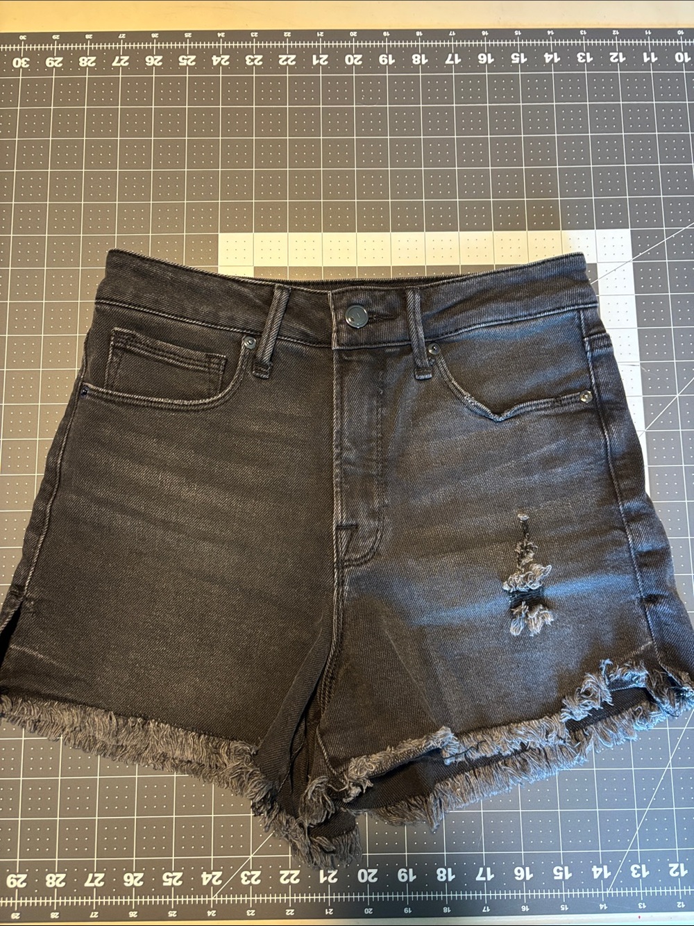 Good American Black Distressed High-Rise Jean Shorts